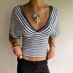 Y2K Striped Cinched Waist Crop Tops