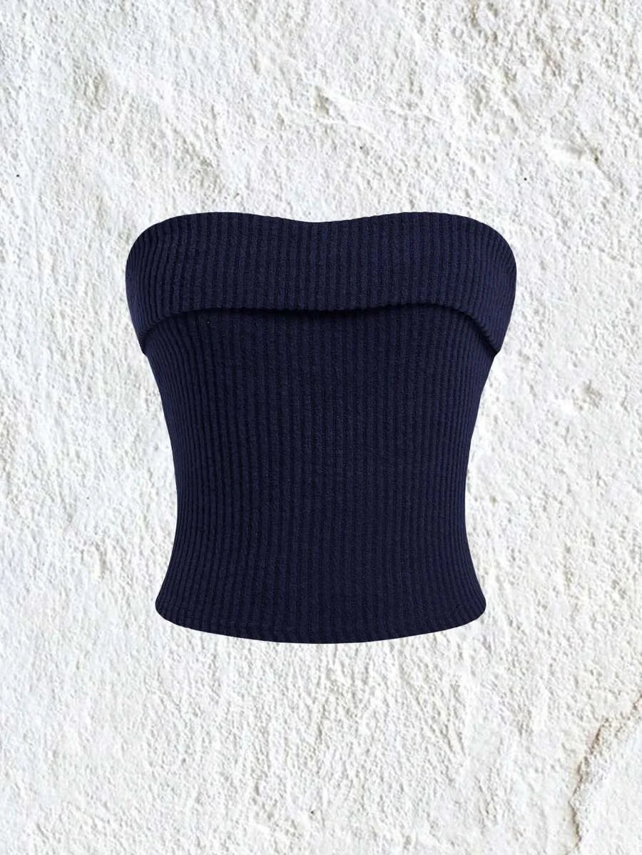 Black Ribbed Knit Strapless Bandeau Top