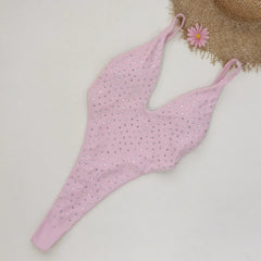 Luxury Diamond Pink Swimwear Women Sexy Hollow Out Backless Thong Bikini