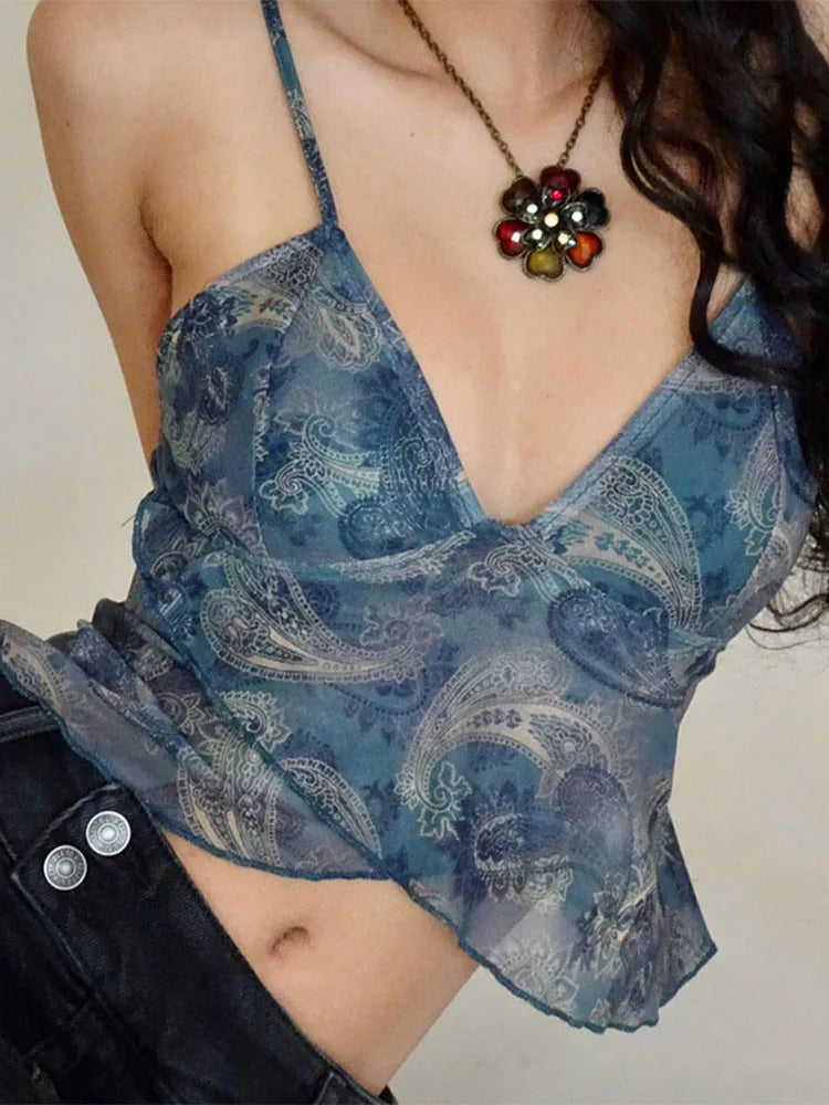 Mesh See Through Printed Vest Sexy Casual V-neck Sleeveless Suspender Camisole Patchwork Tank Top