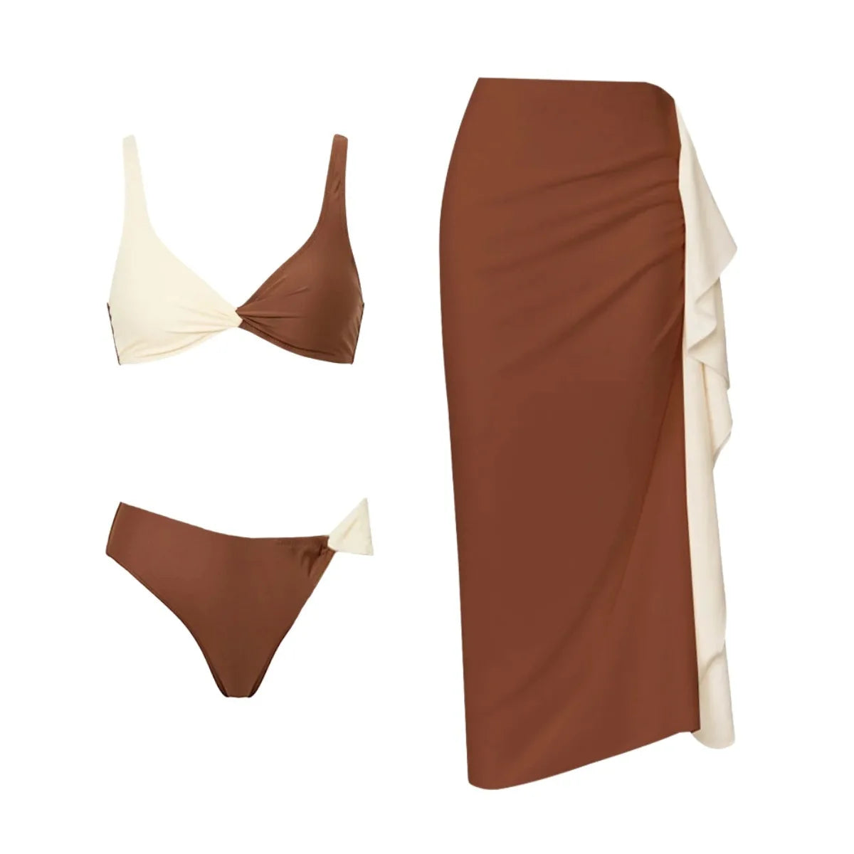 Sexy Coffee Patchwork Long Skirt 3 Piece Swimsuit