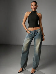 Women's Elegant Halter Neck Backless Stand-up Collar Slim Fit Crop Top