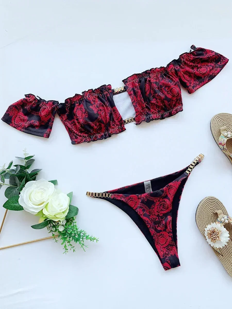 Floral Print Off Shoulder Bikini