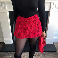 Red Flower High Waist Shorts Skirts