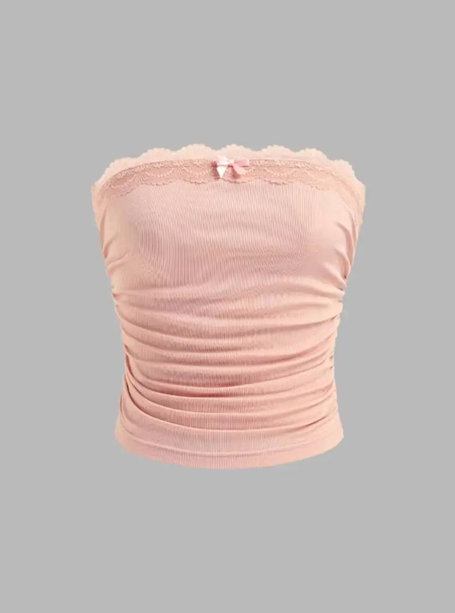 Sweet Pink Lace Trim Bow Strapless Tube Top