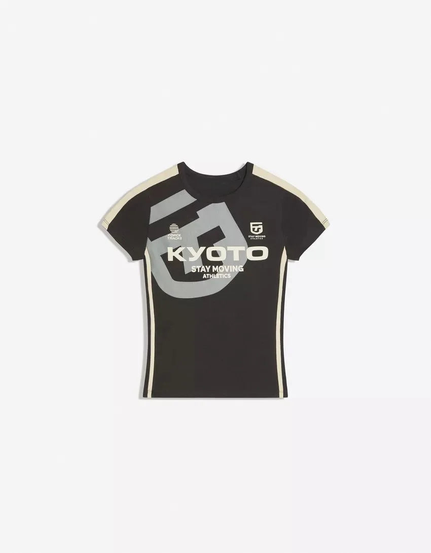 Round Neck Short Sleeve Slim Fit Cropped T-Shirt Star Letter Print Stripe Splicing Top