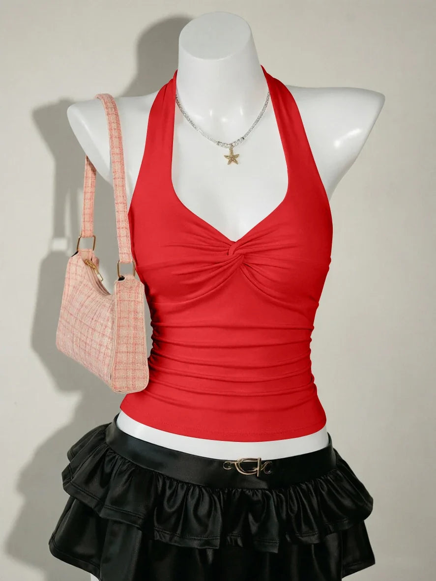 Halter Deep V Neck Front Twist Ruched Slim Fit Cropped Cami Top