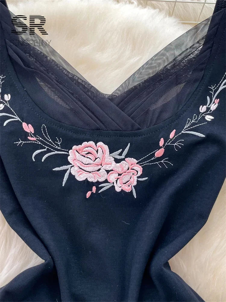 Embroidery Black Fishtail Dress