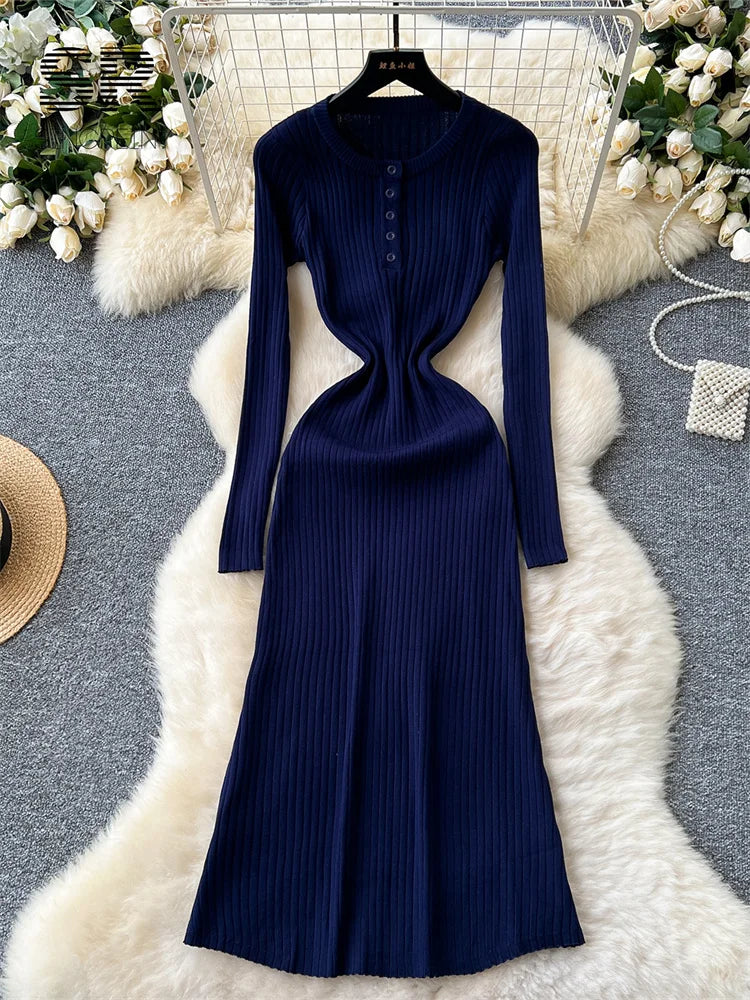 Autumn Striped Slim Long Dress