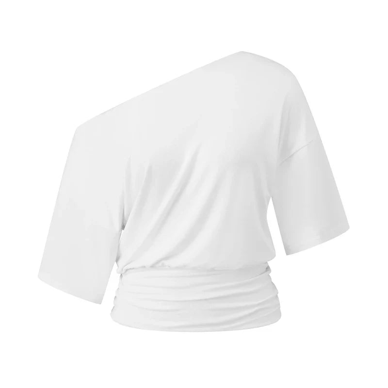 Y2K Off Shoulder Short Sleeve T-Shirt Elegant Ruched Cinched Waist Crop Top