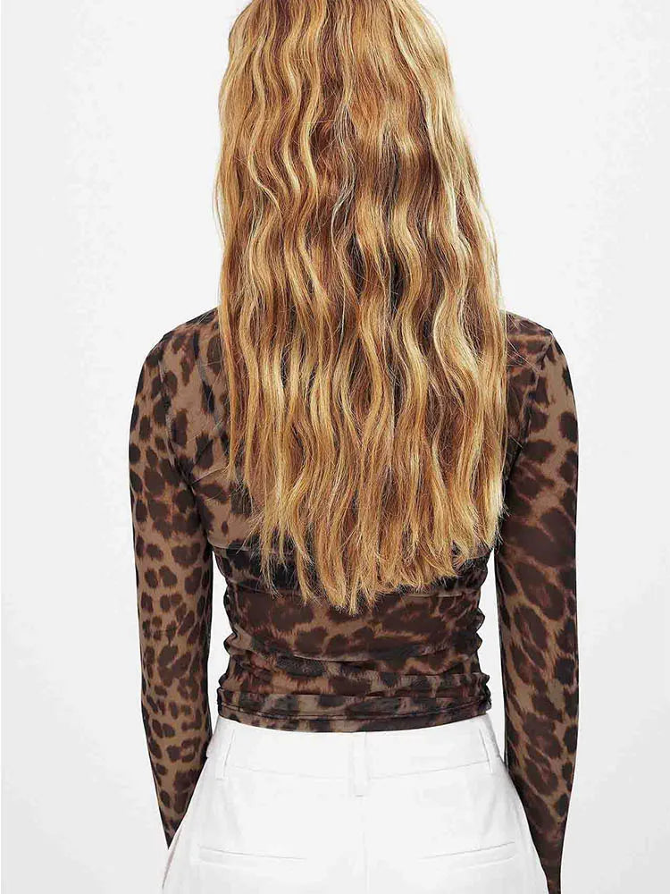 Mesh Shirt Long Sleeve Leopard Print Crop Top