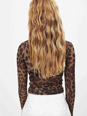 Mesh Shirt Long Sleeve Leopard Print Crop Top