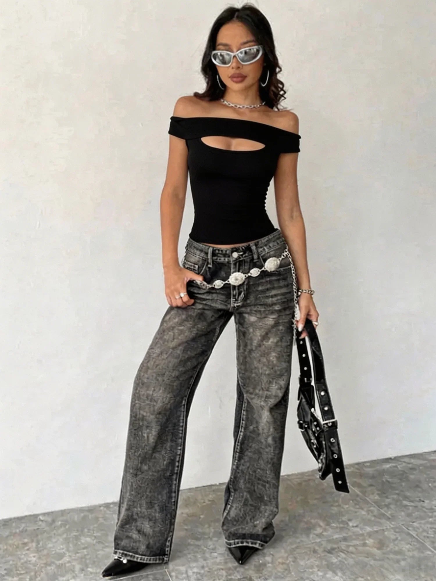 Sexy Black Off Shoulder Cut Out Crop Top