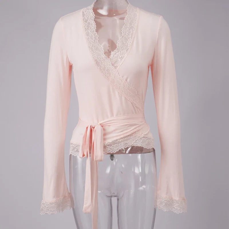 Lace Trim Wrap V Neck T-shirt