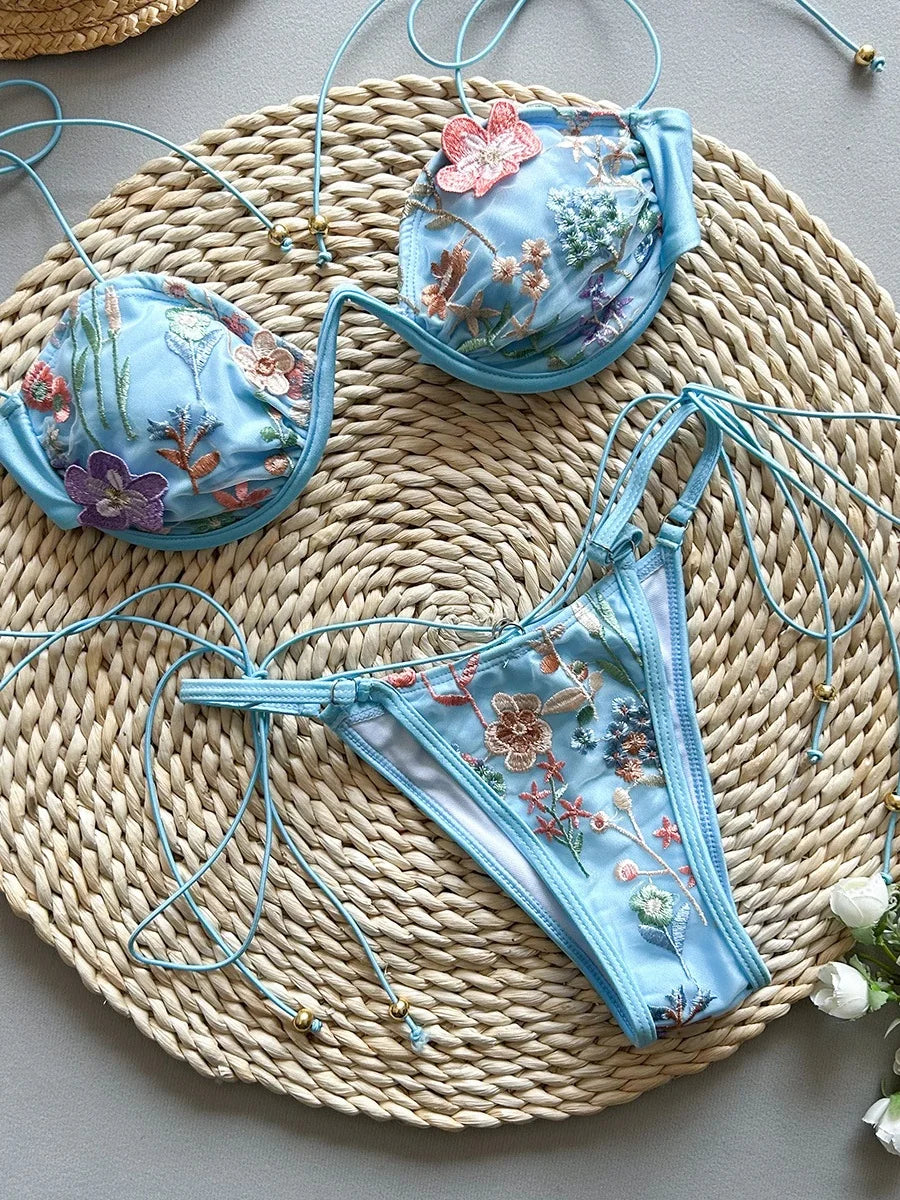 Sexy Blue Flower Embroidery Print Bikini Set