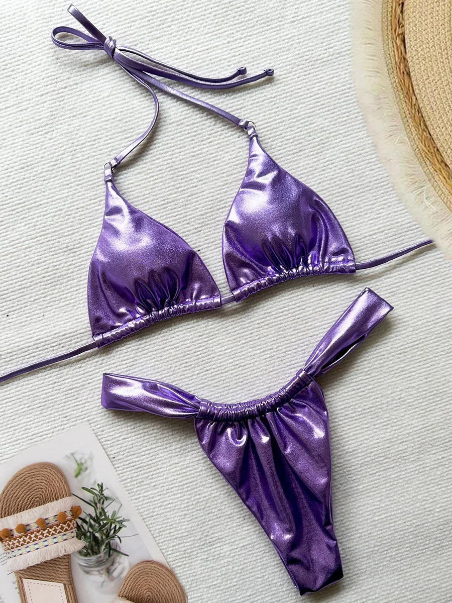 Wrinkled High Cut Mini Micro Thong Bikini