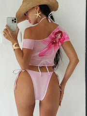 Sexy Pink Floral Print Short Sleeve Cover Up 3 Piece Bikini Set