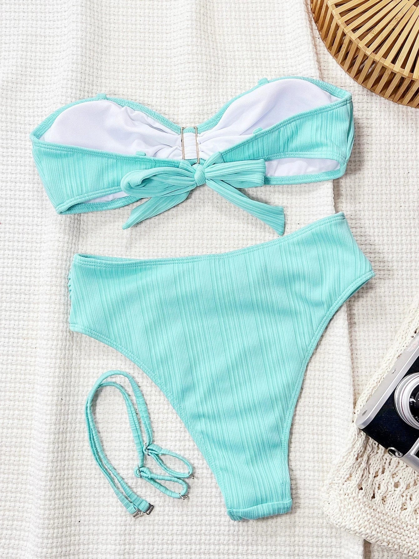 Metal Shell Ornament Pleate Push Up Bra High Waist Swimsuit