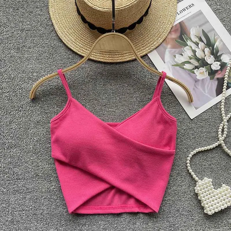 V Neck Spaghetti Strap Camisole Cross Wrap Front Cutout Hem Ribbed Slim Cropped Tank Top