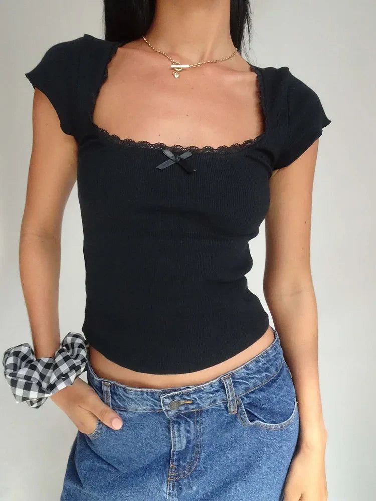 Square Neck Short Sleeve Tee Shirt White Milkmaid Crop Top