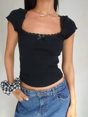 Square Neck Short Sleeve Tee Shirt White Milkmaid Crop Top