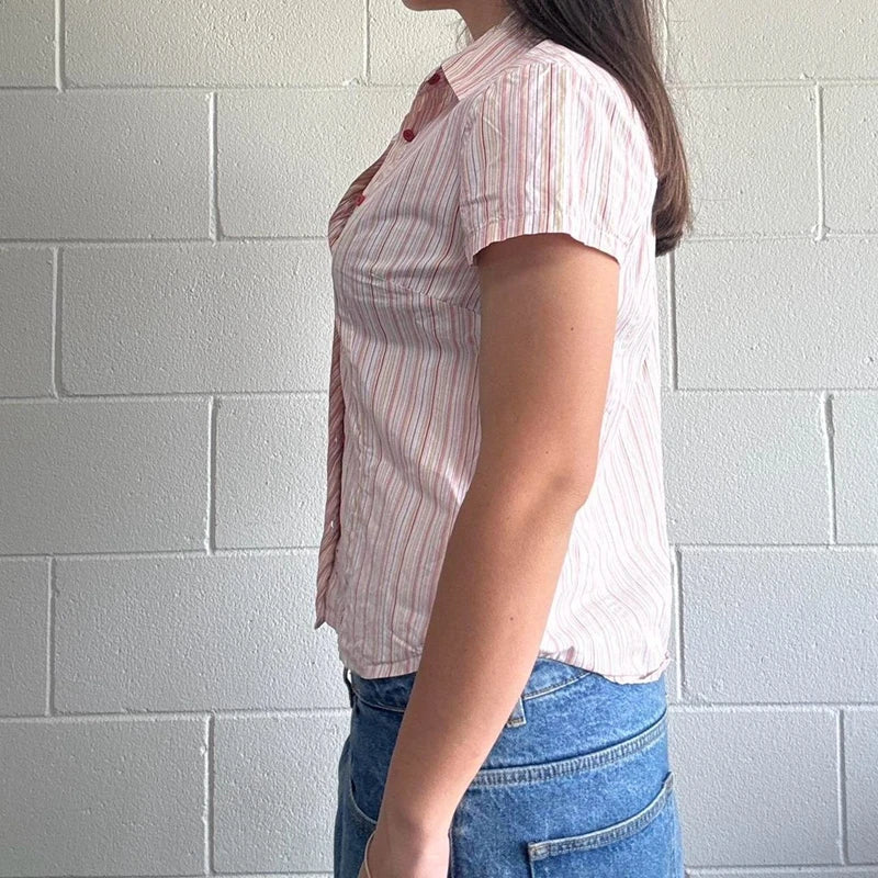 Striped Button Up Blouse Tees 90s Vintage Cottage Slim Fit T-shirt Laides Short Sleeve Crop Tops