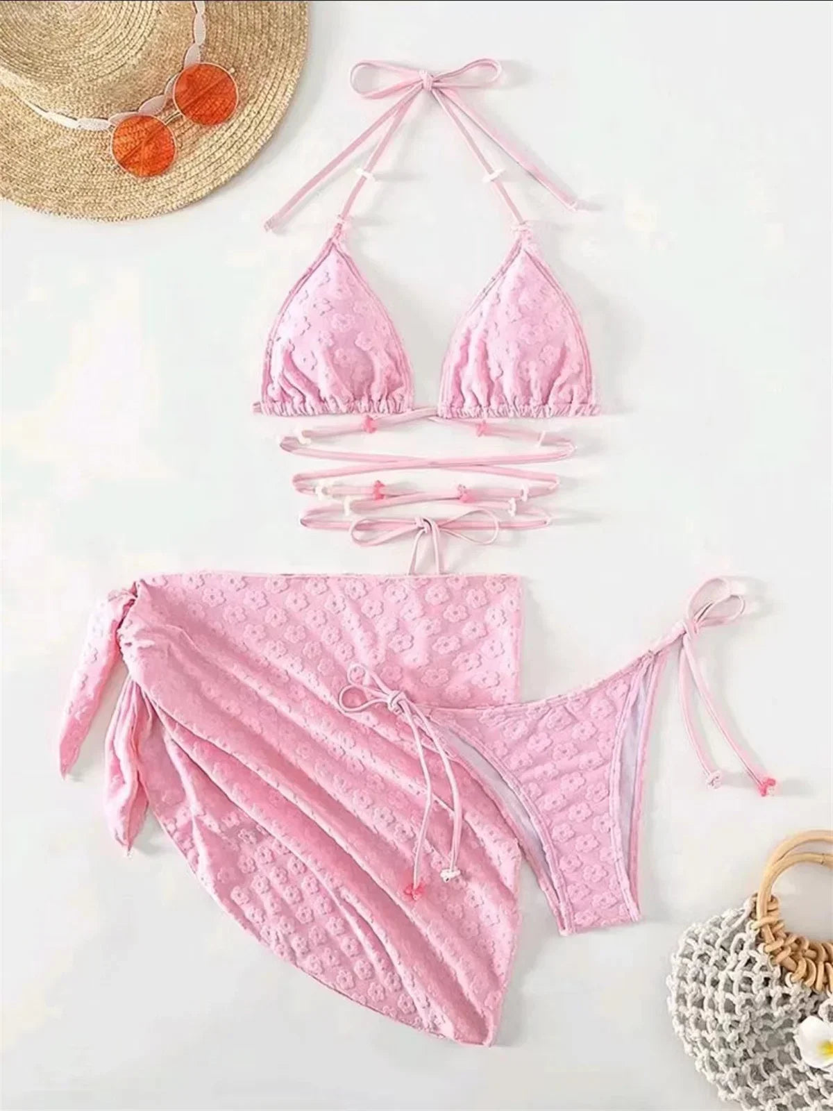 Mesh Skirt Pleated Bikini Set