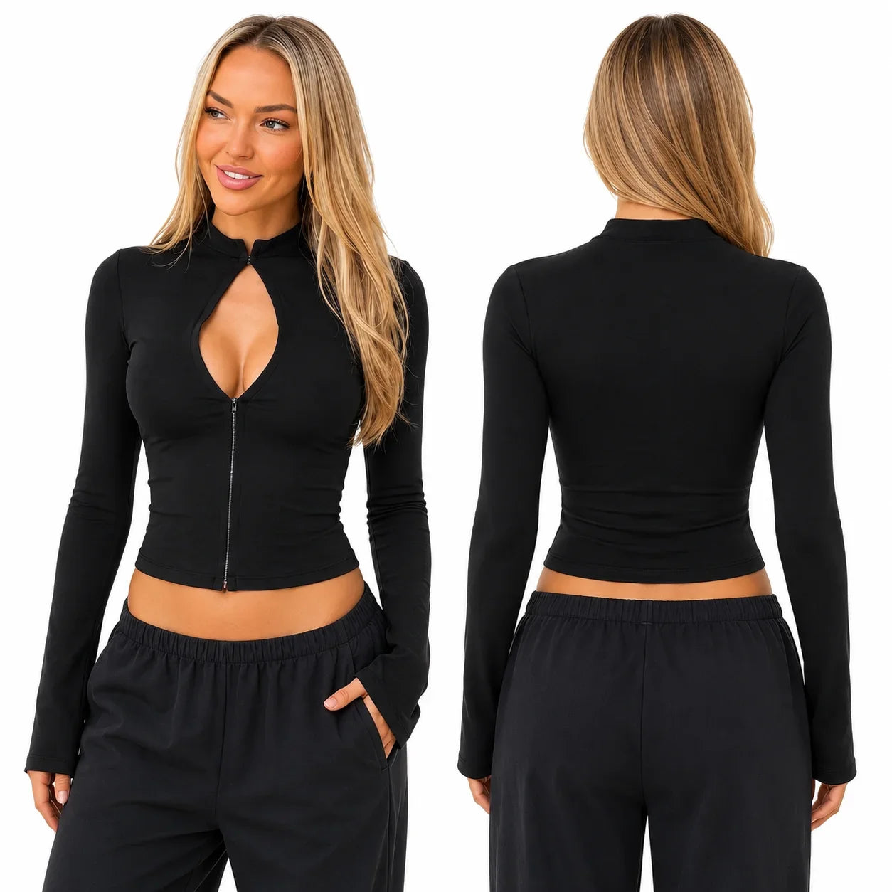Keyhole Cutout Long Sleeve Crop Top