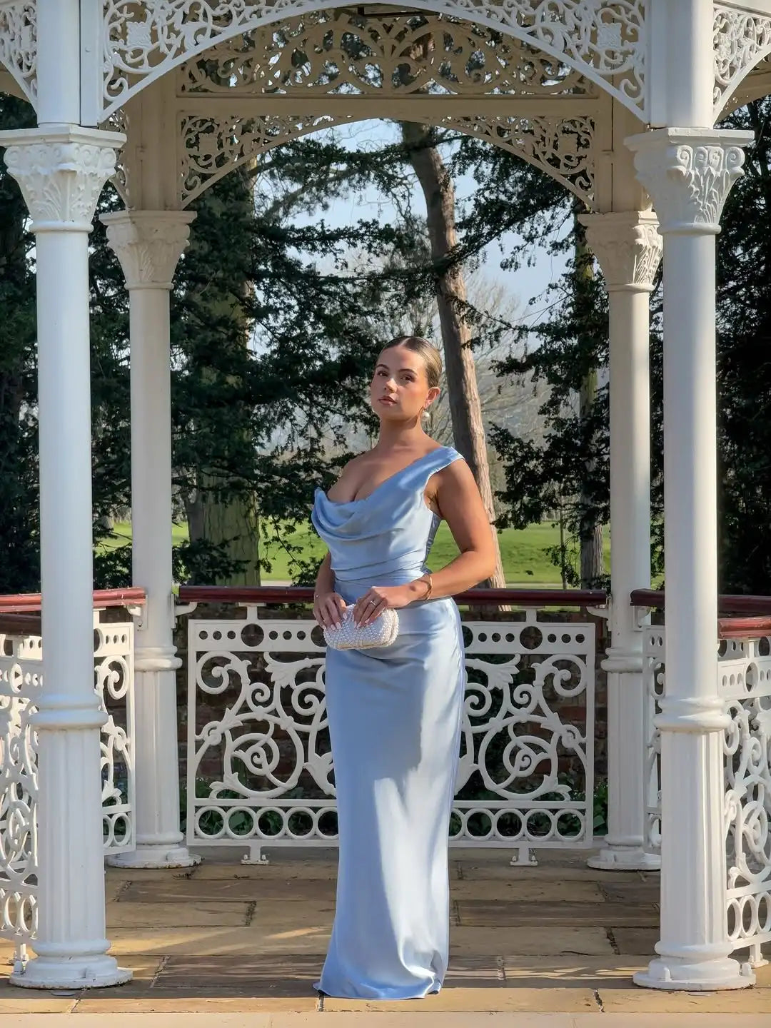 Sexy Light Blue Silky Satin One Shoulder Cowl Neck Draped Maxi Dress