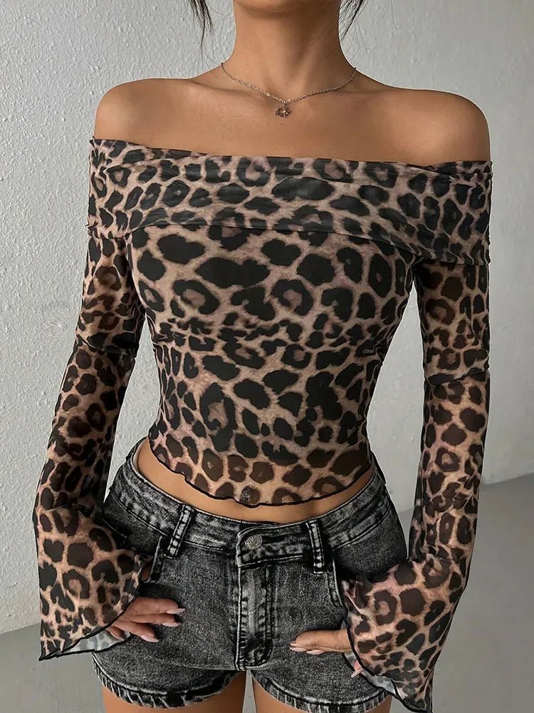 Leopard Off Shoulder Female Versatile Knitted Tees