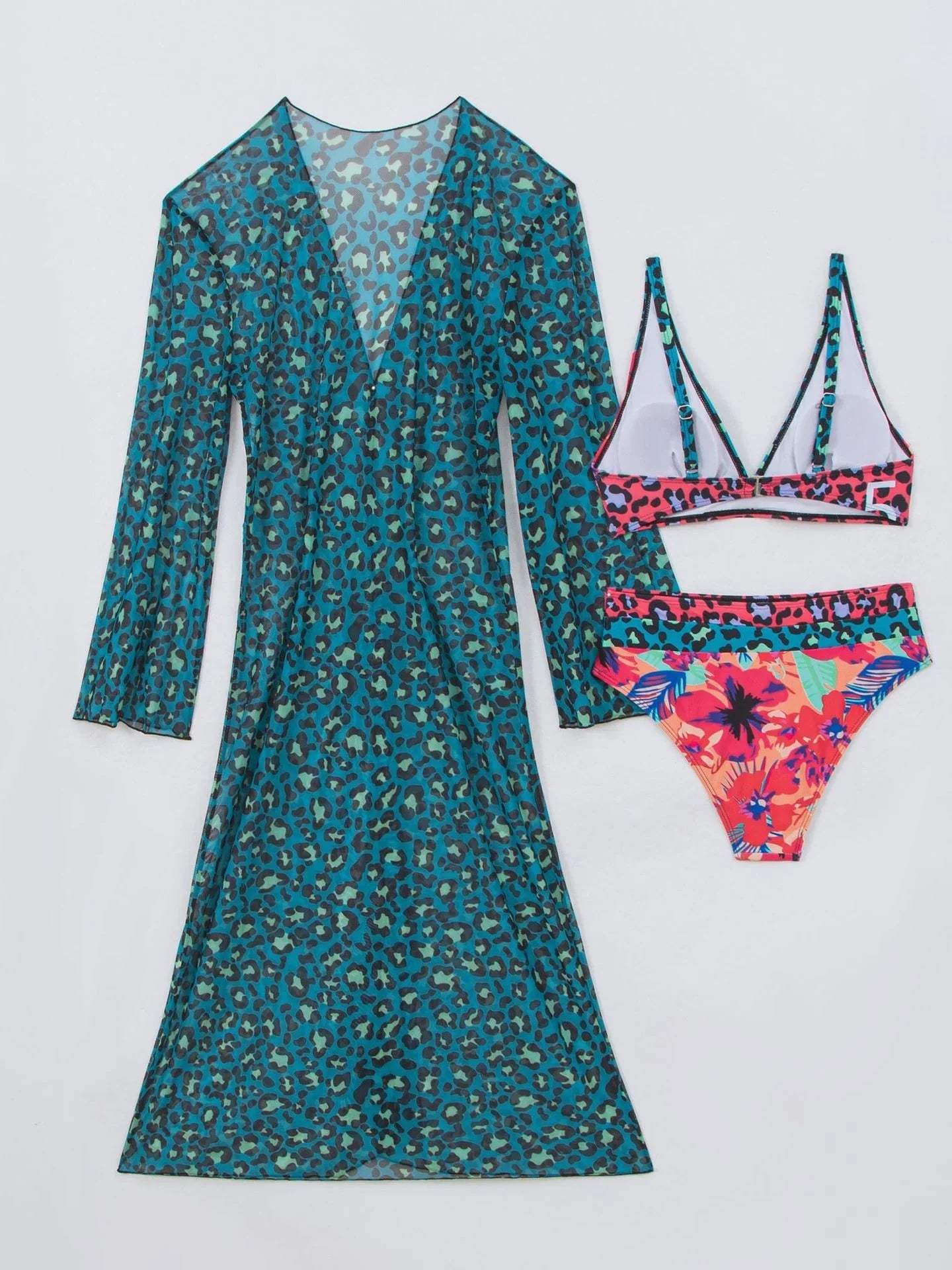 Vintage Leopard Print Long Sleeve Cover Up 3 Piece Swimsuit