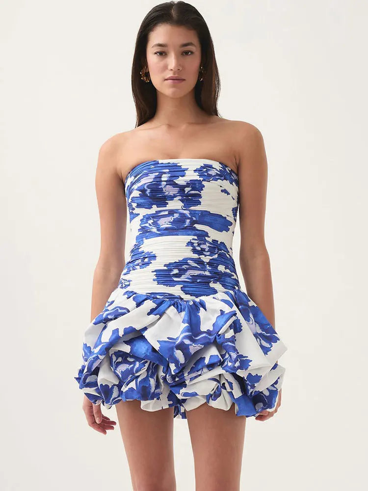 Sexy Strapless Printed Ruffles Folds Deign Mini A-line Dress