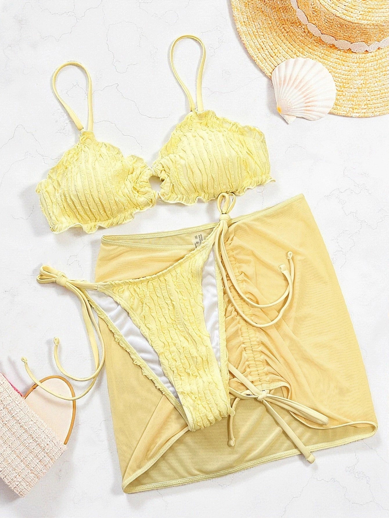 Sexy Yellow Swimwear Women Ruffles Circle Pleate Push Up Bra Thong Bikini