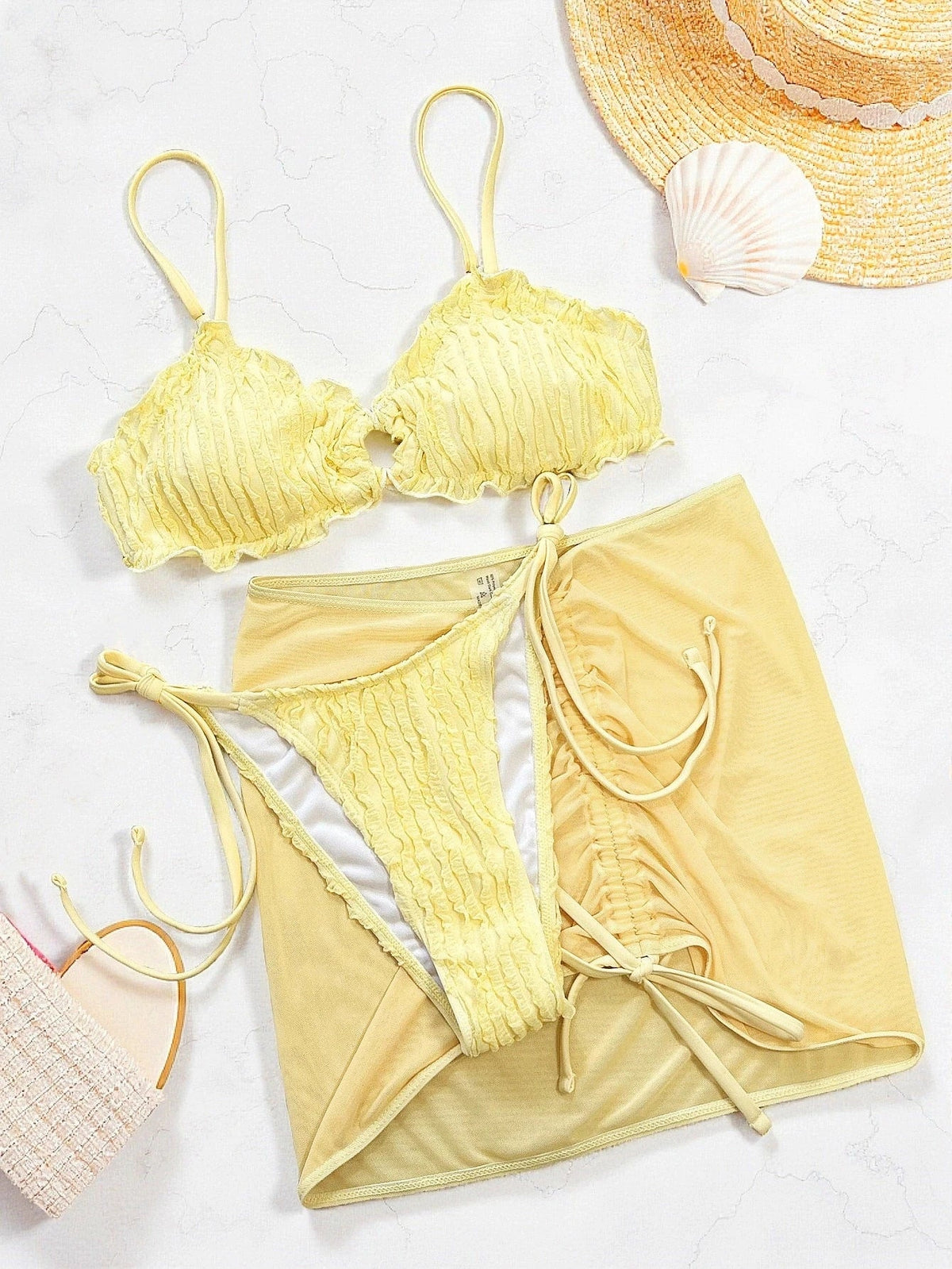 Sexy Yellow Swimwear Women Ruffles Circle Pleate Push Up Bra Thong Bikini