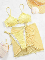 Sexy Yellow Swimwear Women Ruffles Circle Pleate Push Up Bra Thong Bikini