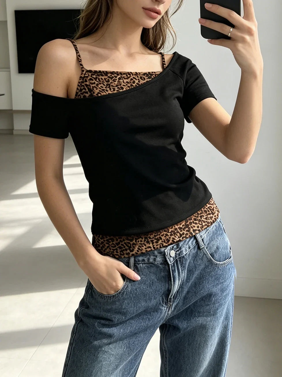Leopard Print Asymmetric Fake Two Piece Crop T Shirt
