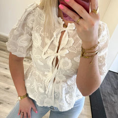 Floral Embroidery Bow Tie Front Babydoll Crop Tops