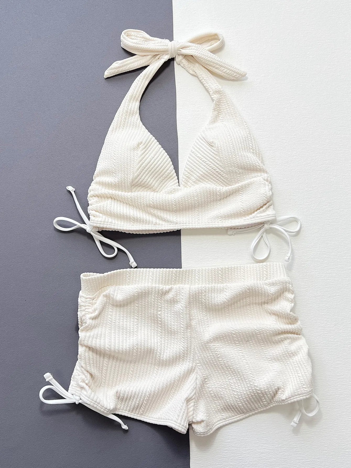 Sexy Pleate Drawstring High Waist Bikini Set