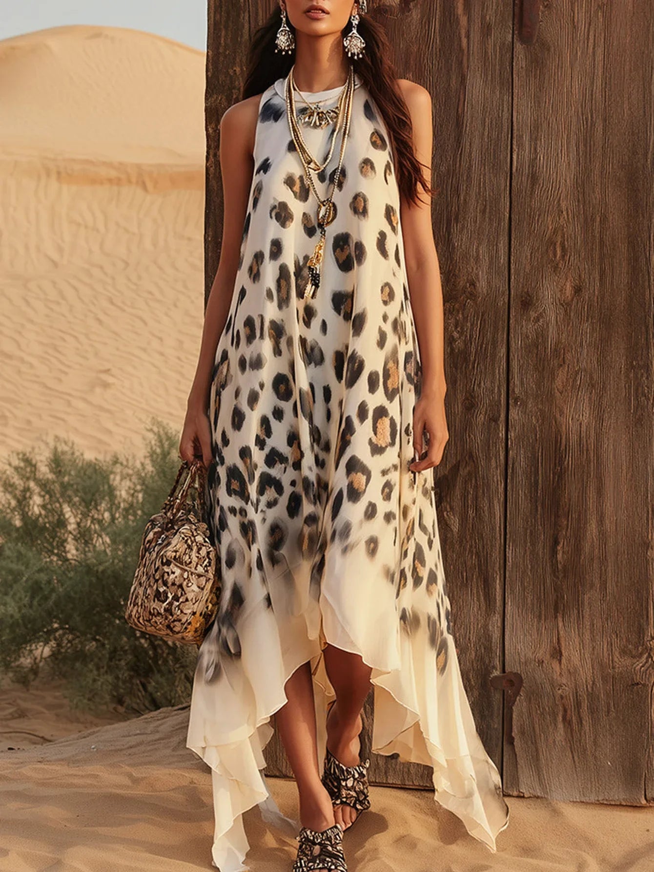 Leopard Print Chiffon Maxi Dress
