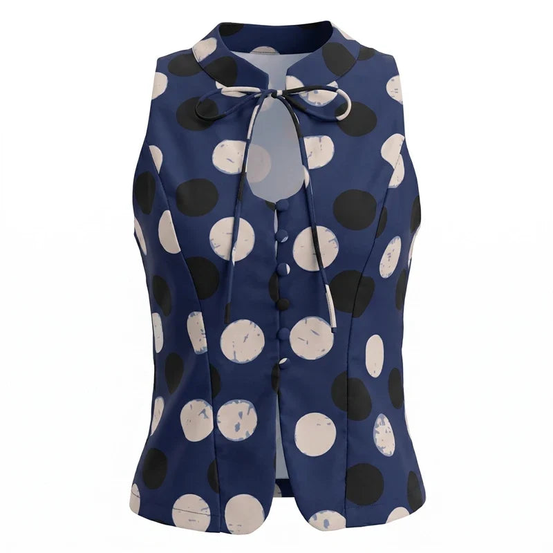 Polka Dot/Plaid Mandarin Collar Sleeveless Crop Top
