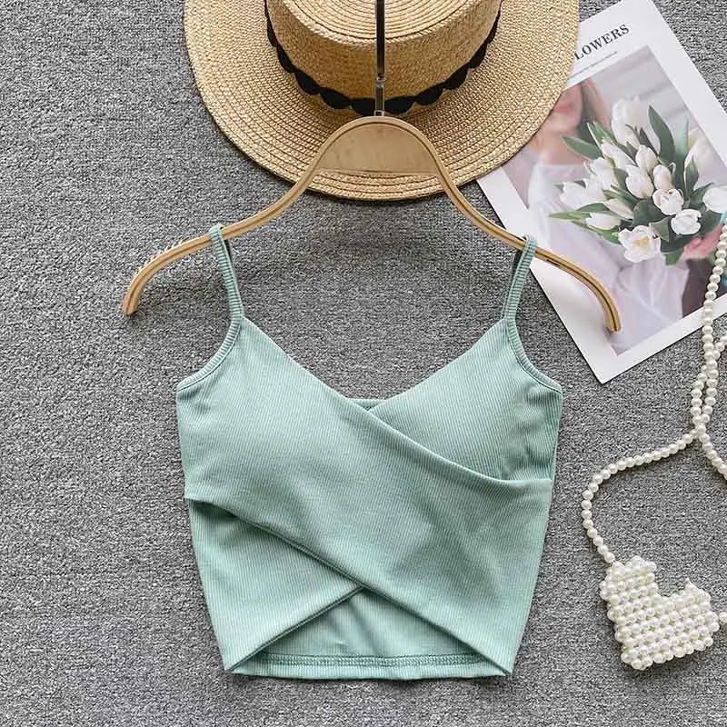 V Neck Spaghetti Strap Camisole Cross Wrap Front Cutout Hem Ribbed Slim Cropped Tank Top