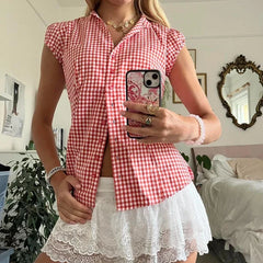 Vintage Plaid Cap Sleeve Fitted Blouse Tops