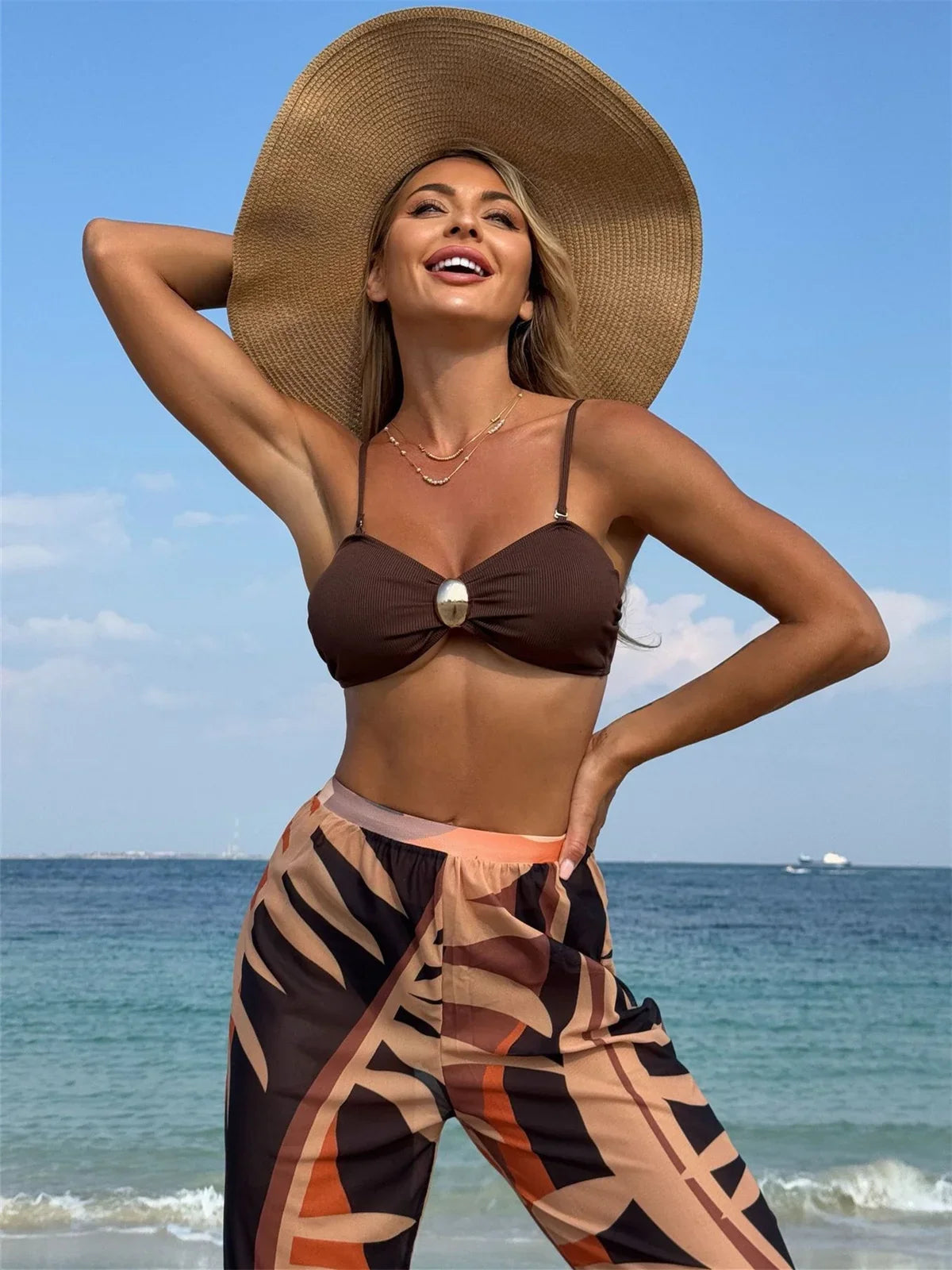 Sexy Coffee Pleate Buckle Bikini Set
