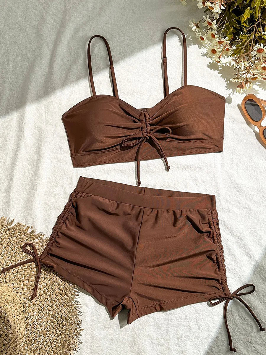Wrinkled Knotted Shorts High Waist Bikini