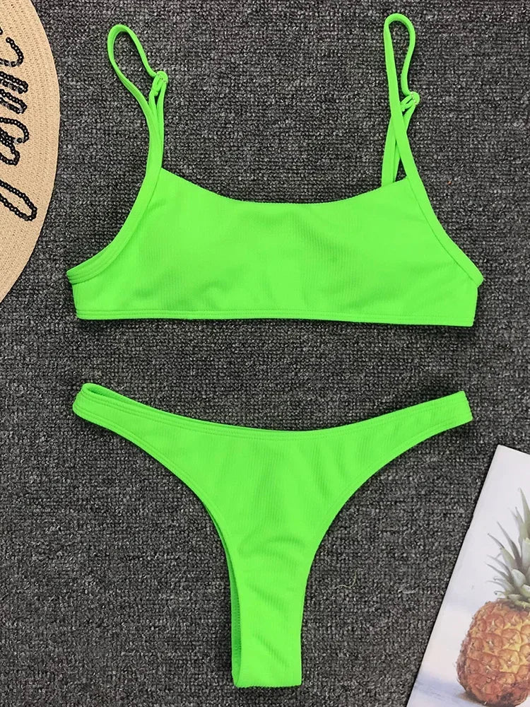 Sexy Neon Yellow Ribbed Brazilian Bikini