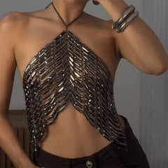 Crystal Beading Halterneck Vest Chain Tie Up Backless Crop Tops
