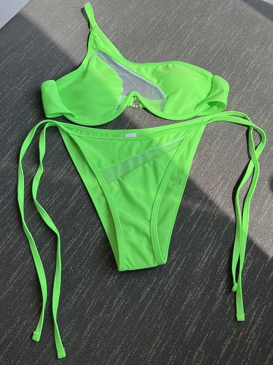 Splicing Mesh One Shoulder Underwire V-bar Bikini