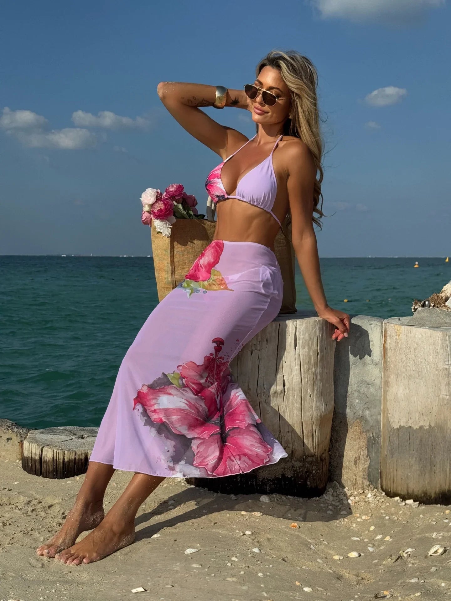 Sexy White Floral Print  Mesh Long Skirt 3 Piece Bikini