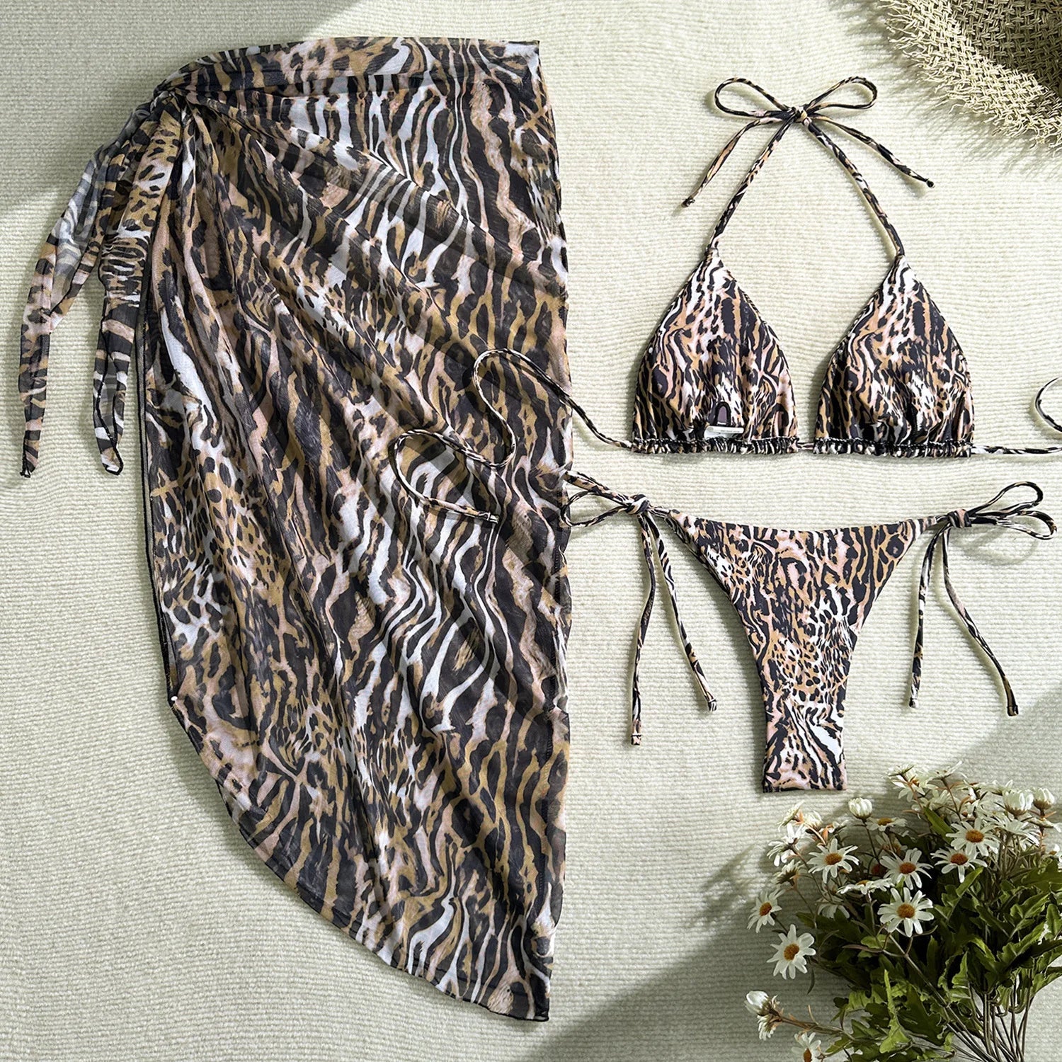 Sexy Coffee Tiger Print Bikini Set