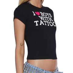 Aesthetic Letter Print Graphics Goth Casual Short Sleeve T shirt 2000s grunge Harajuku Streetwear Slim Y2k Crop Top